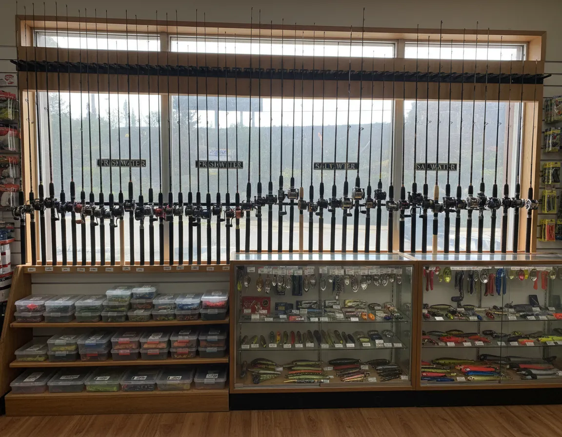 Fishing rods, reels, and tackle displayed in the Fishing department